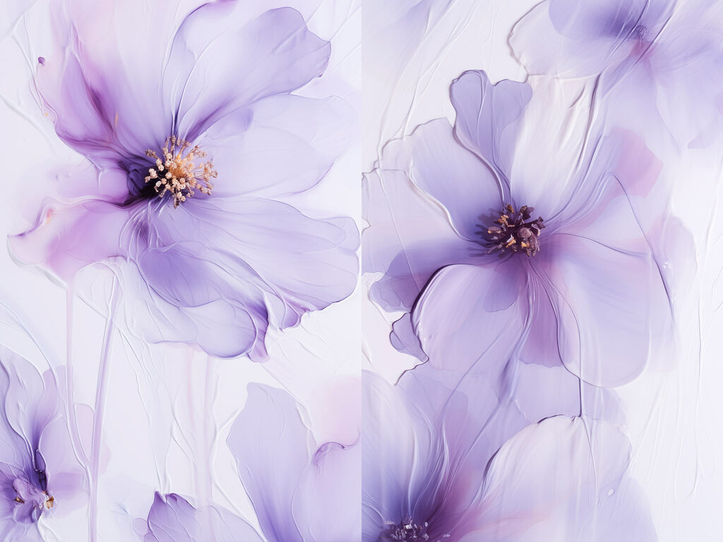Lila Blüten auf Weiß — ganzes Design