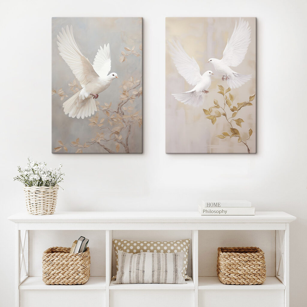 Weiße Vögel im Flug in einem Interieur