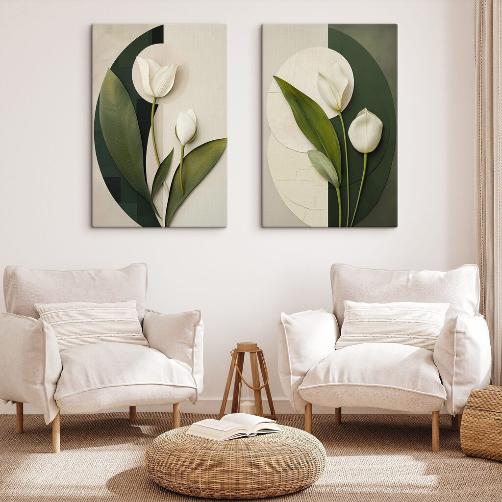 Weiße Tulpen zwischen Kreisen in einem Interieur
