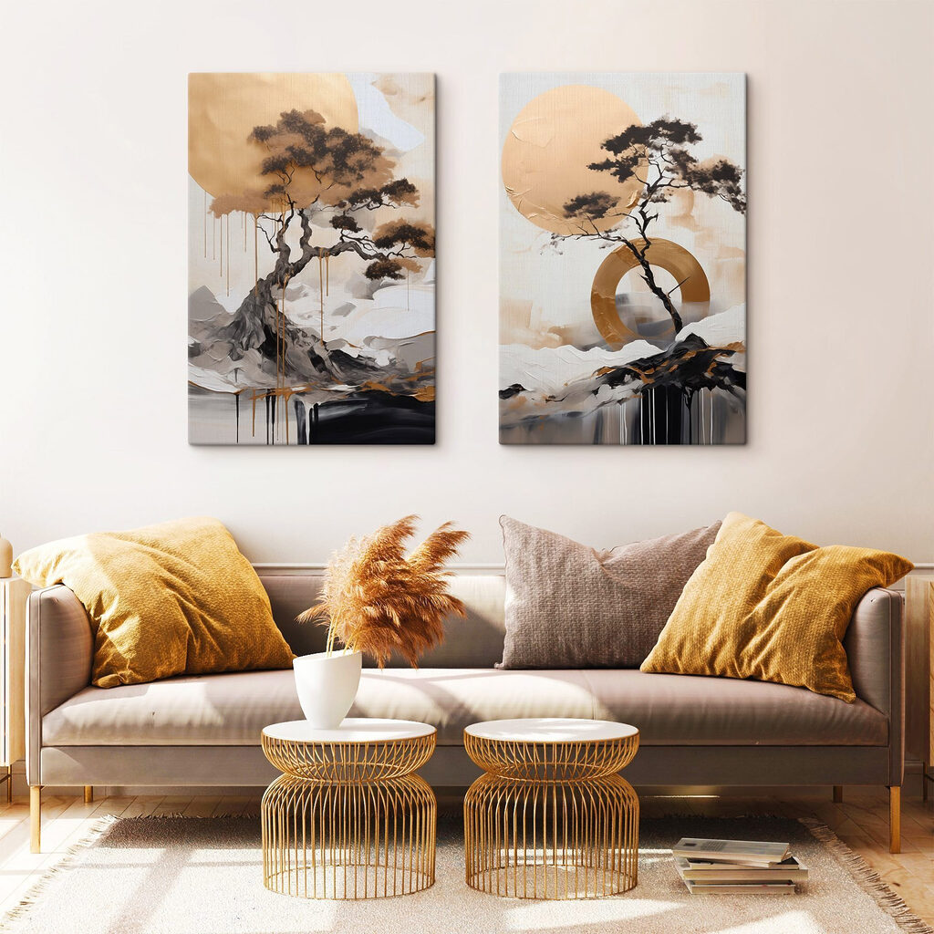 Bäume vor runden Sonnen in einem Interieur