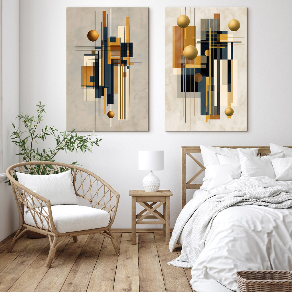 Goldene Kugeln zwischen Linien in einem Interieur