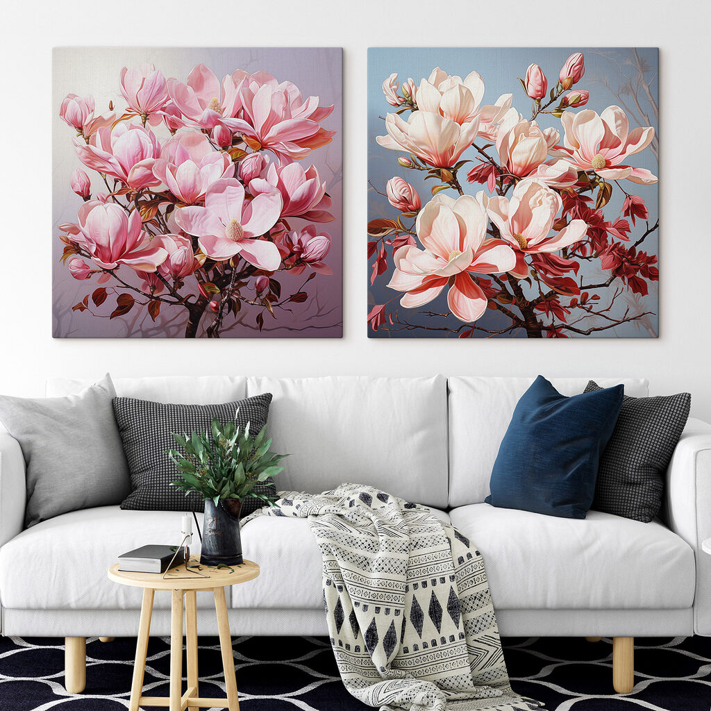 Blüten an rotbraunen Zweigen in einem Interieur