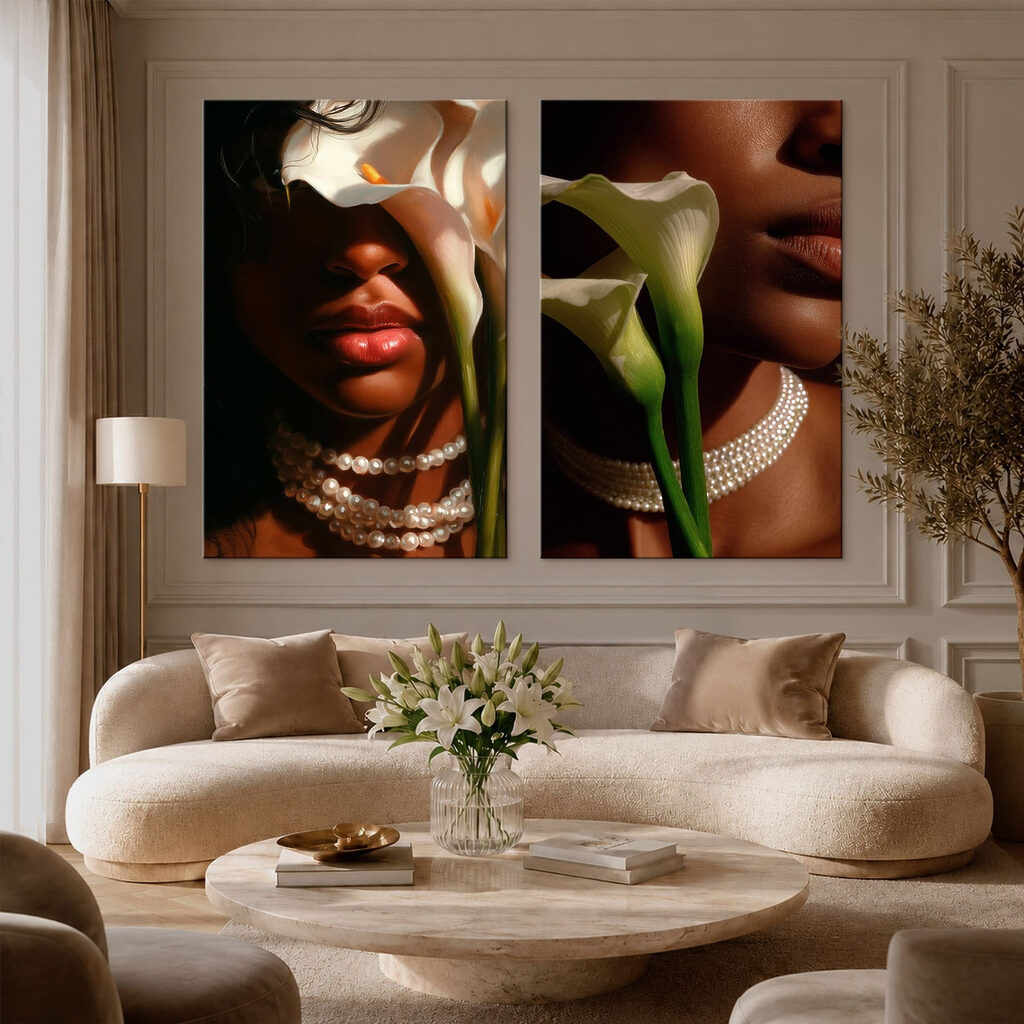 Blüten und dunkle Porträts in einem Interieur