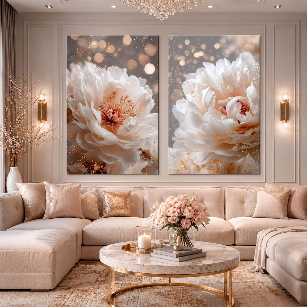 Weiße Blüten mit Lichtpunkten in einem Interieur