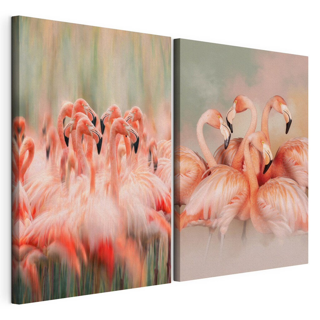 Flamingos dicht beisammen, gespannte Leinwand mit umlaufender Kante
