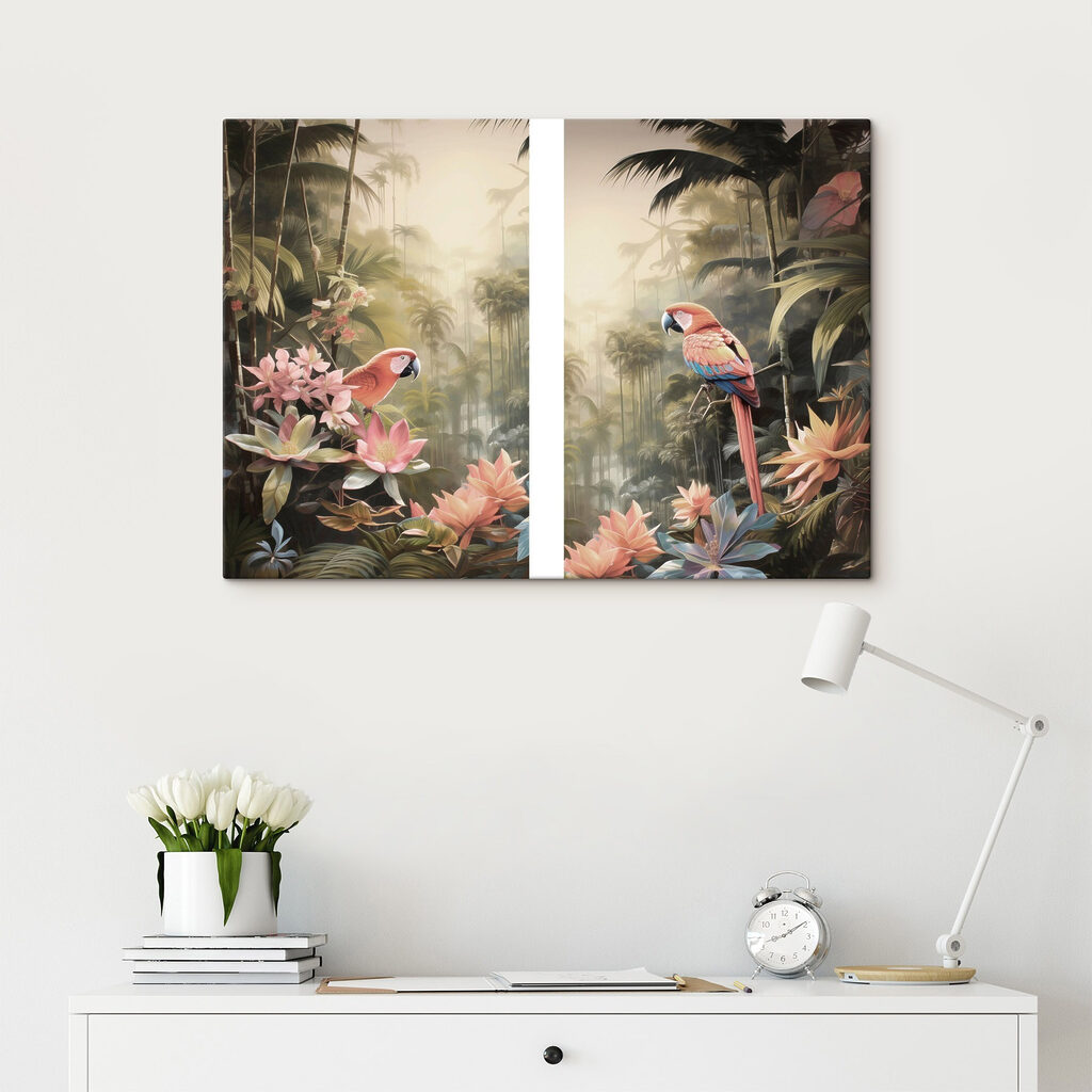 Papageien im tropischen Grün in einem Interieur