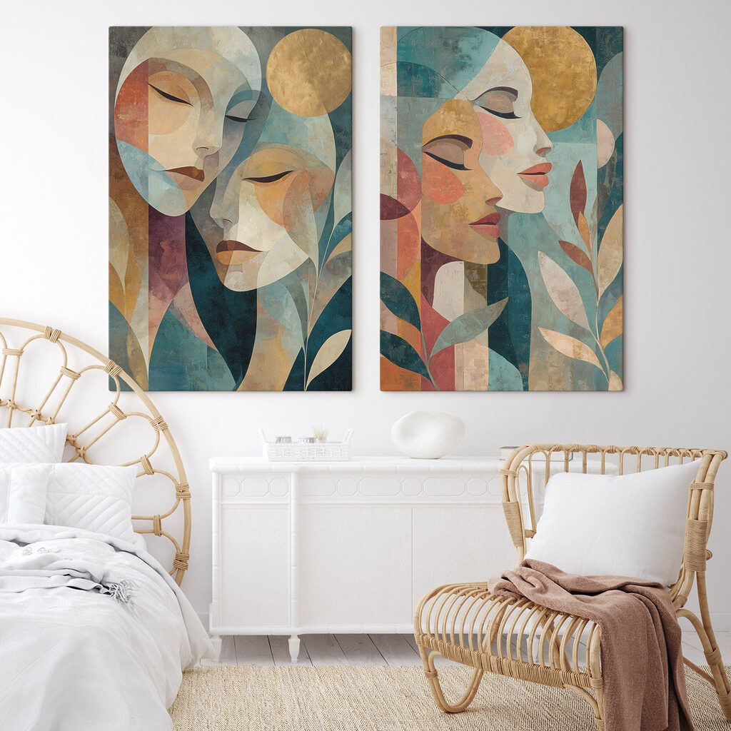 Gesichter zwischen Blättern in einem Interieur