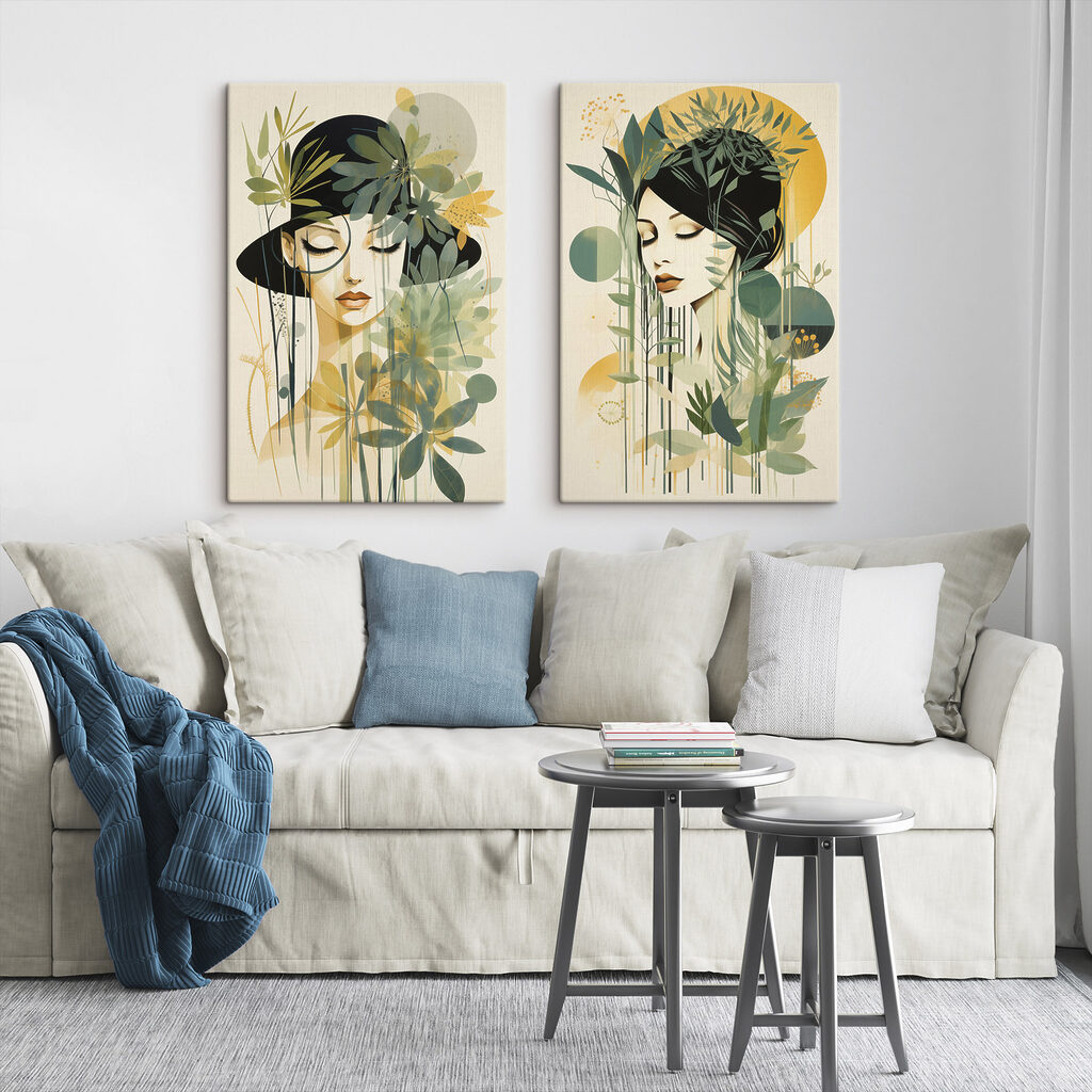 Gesichter zwischen grünen Zweigen in einem Interieur