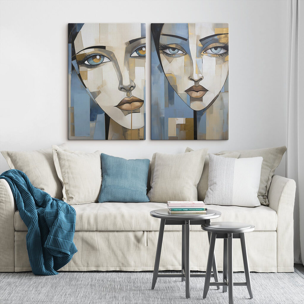 Blaue Augen zwischen Flächen in einem Interieur