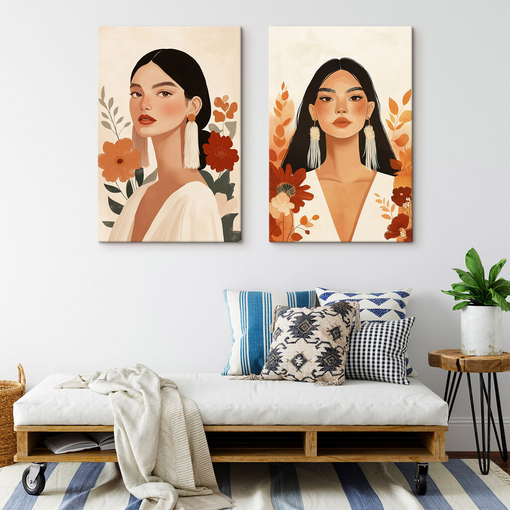Porträts mit warmen Blüten in einem Interieur