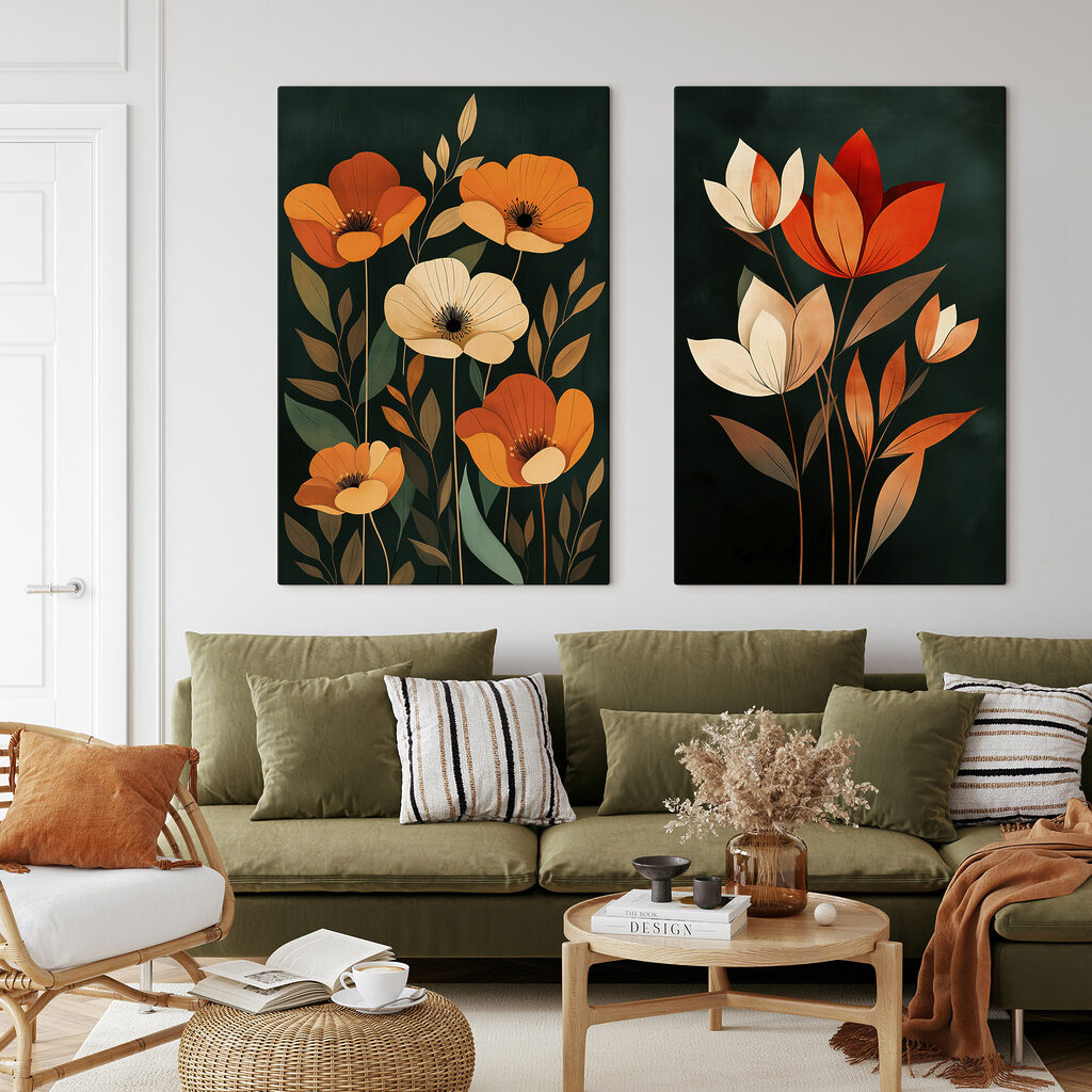 Blumen auf Dunkelgrün in einem Interieur