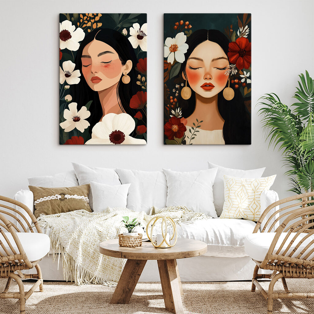 Blüten an ihren Wangen in einem Interieur
