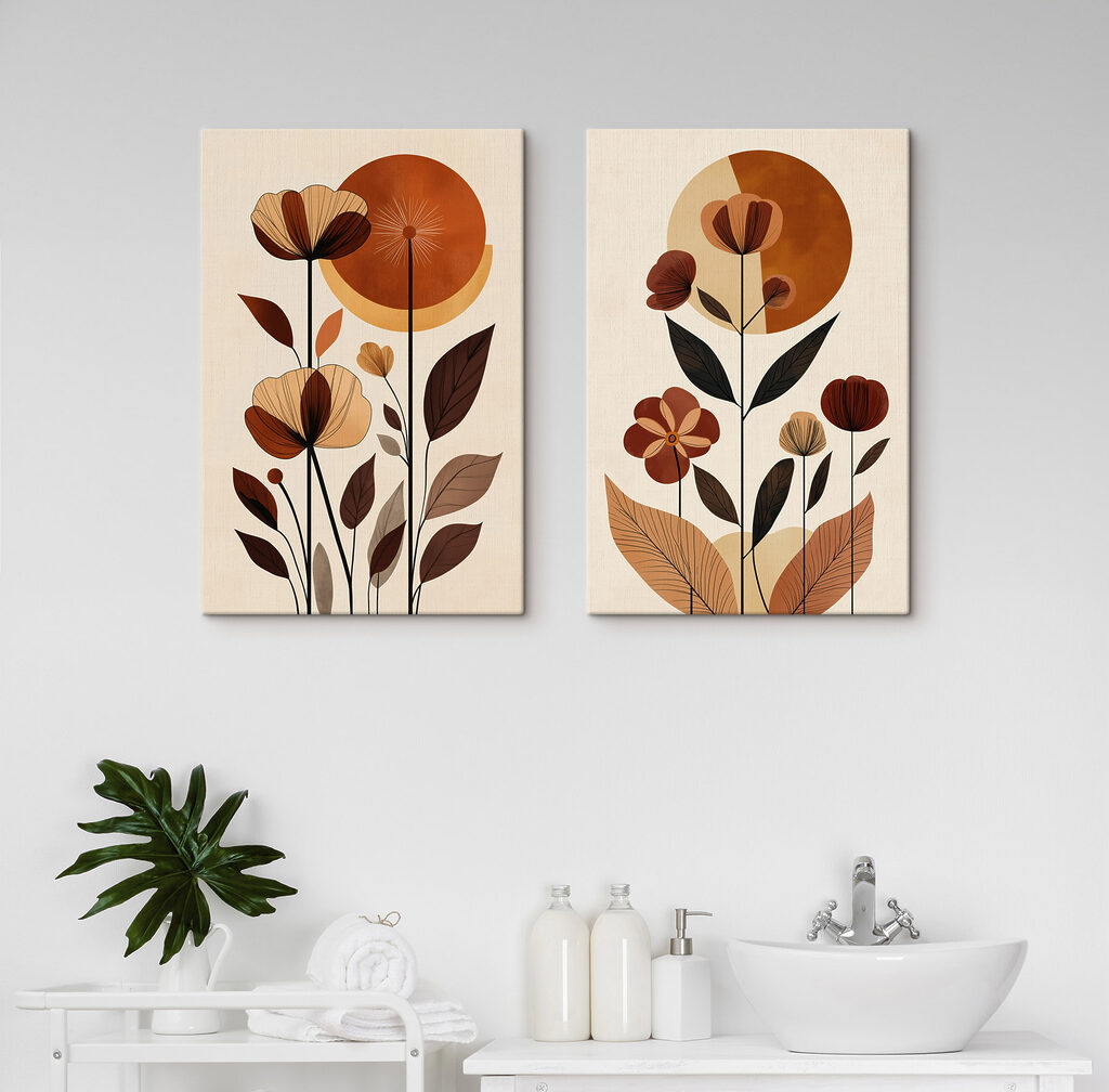 Blumen unter orangefarbenen Sonnen in einem Interieur