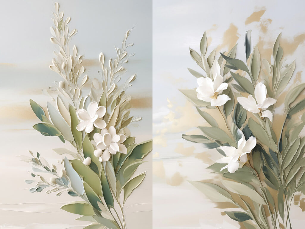 Weiße Blüten über Salbeigrün — ganzes Design