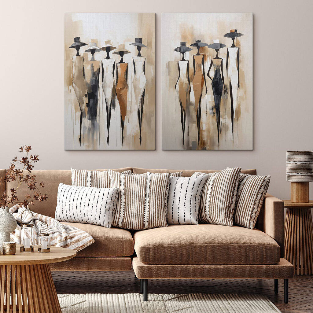 Figuren mit Hüten in einem Interieur