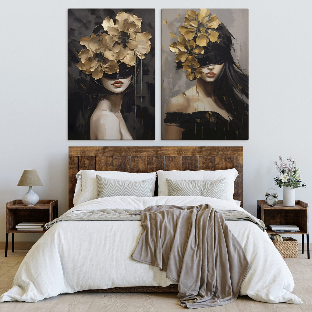 Blüten über dunklen Augen in einem Interieur