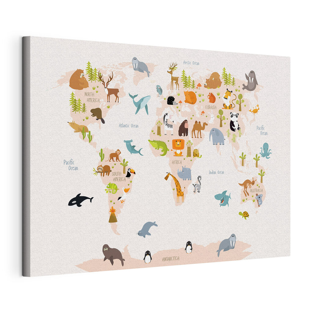 Tierische Weltkarte, gespannte Leinwand mit umlaufender Kante