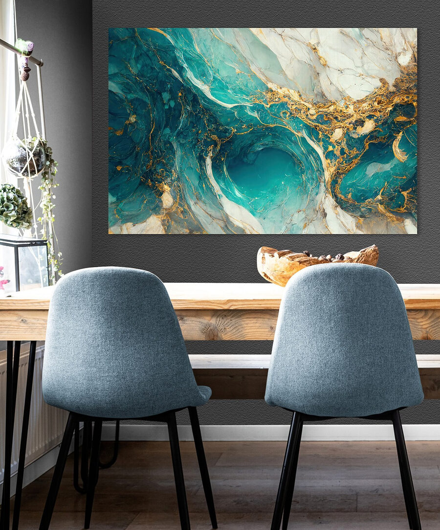 Türkisfarbener Strom mit Gold in einem Interieur