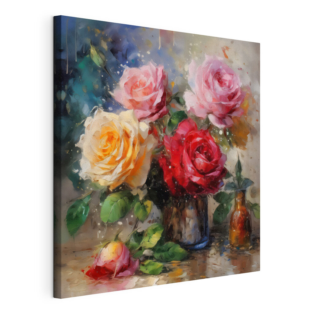 Rosen in Metallvase, gespannte Leinwand mit umlaufender Kante
