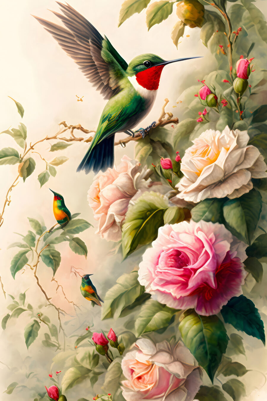 Kolibri bei den Rosen — ganzes Design