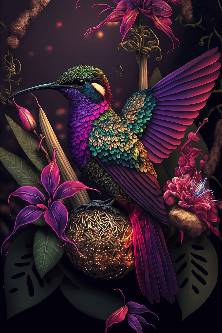 Kolibri zwischen dunklen Blüten — ganzes Design