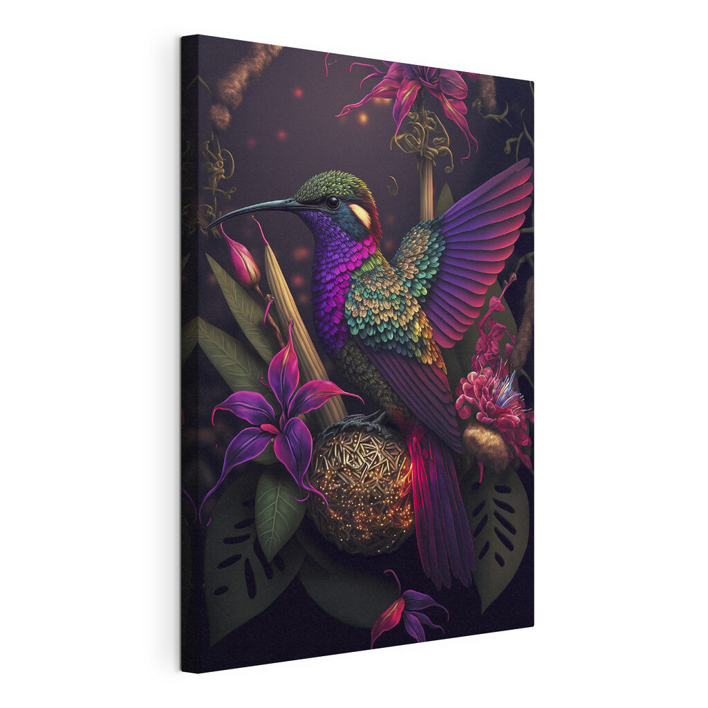 Kolibri zwischen dunklen Blüten — Produktansicht