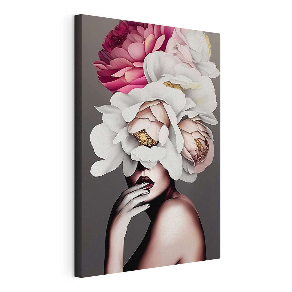 Gesicht hinter Blumen, gespannte Leinwand mit umlaufender Kante