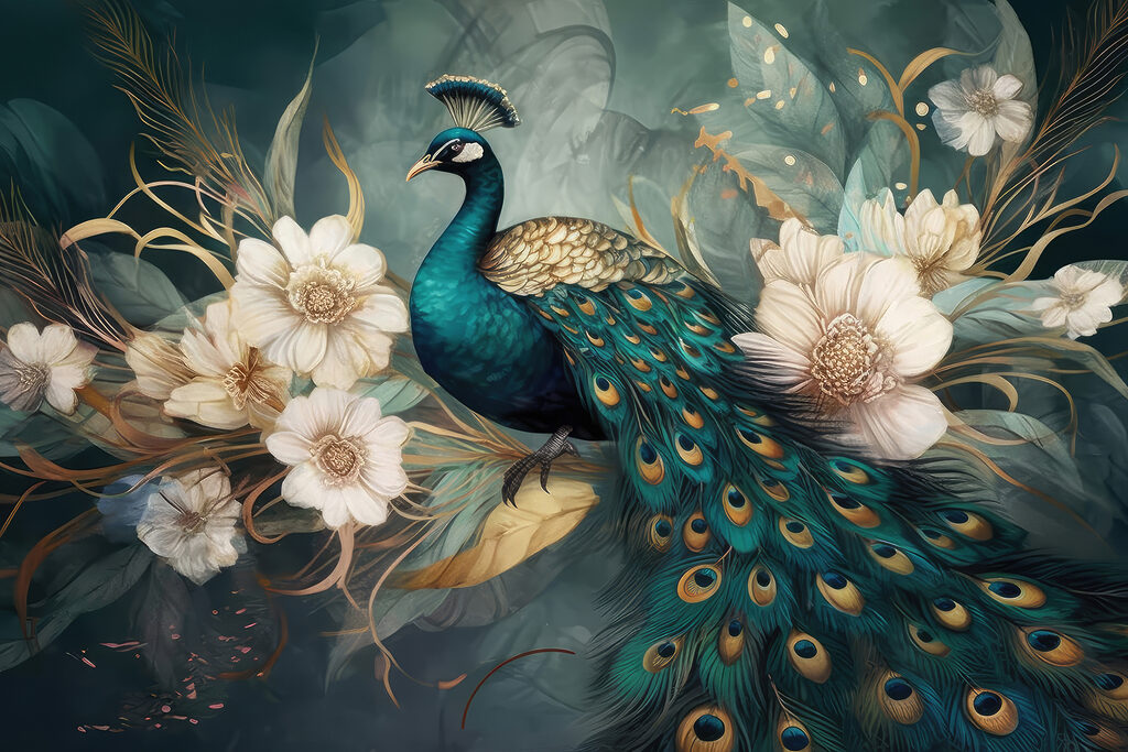 Pfau zwischen weißen Blüten — ganzes Design