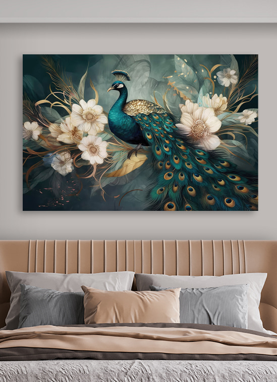 Pfau zwischen weißen Blüten — Interieur 2