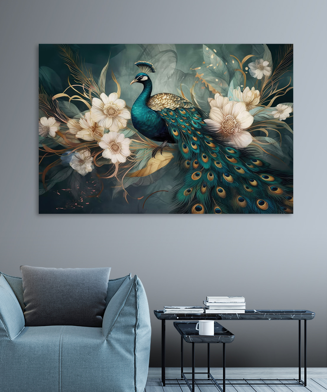 Pfau zwischen weißen Blüten — Interieur 1