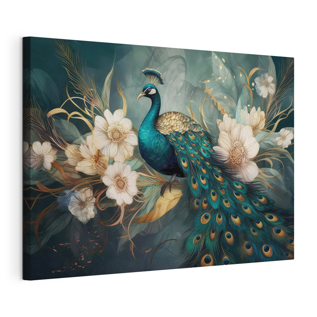 Pfau zwischen weißen Blüten, gespannte Leinwand mit umlaufender Kante
