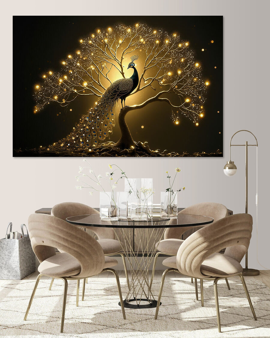 Pfau unter goldenen Zweigen in einem Interieur