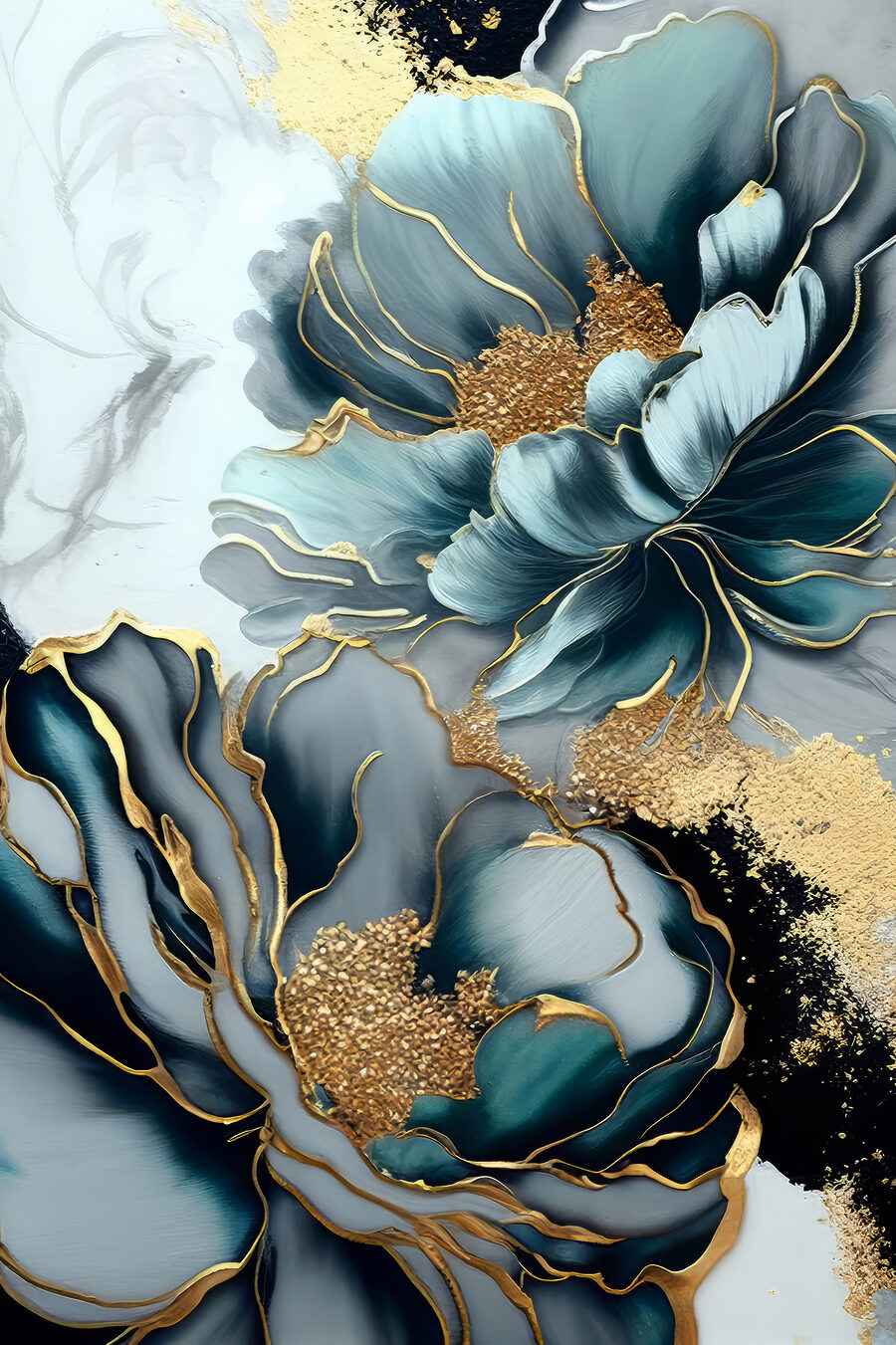 Blaue Blüten, goldene Ränder — ganzes Design