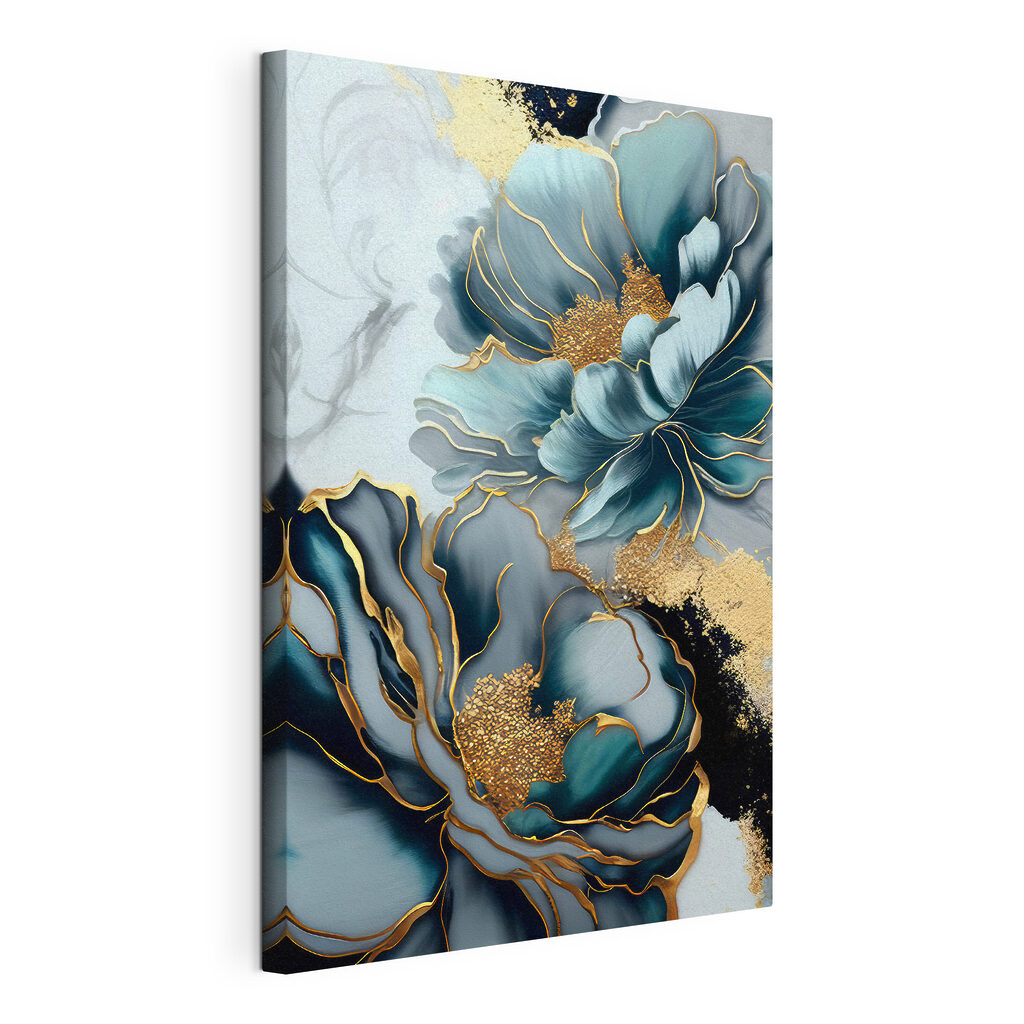 Blaue Blüten, goldene Ränder, gespannte Leinwand mit umlaufender Kante