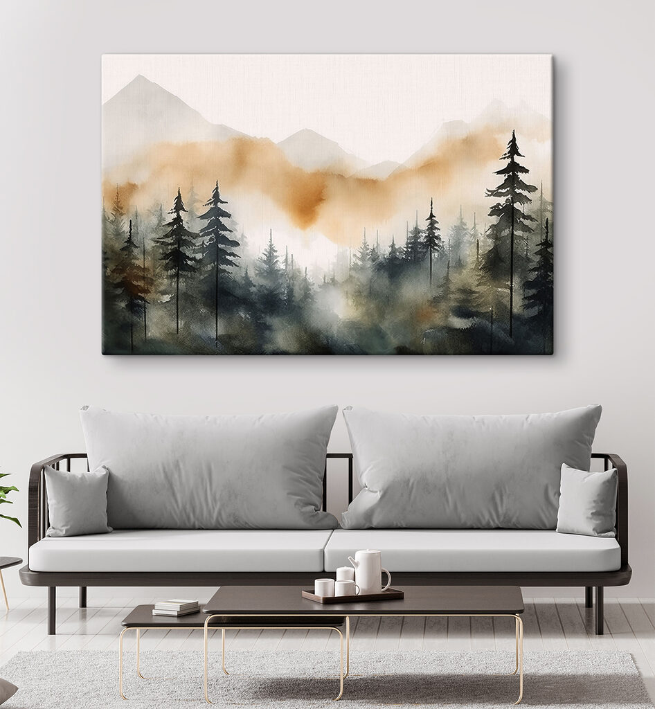 Tannen vor ockerfarbenen Bergen in einem Interieur