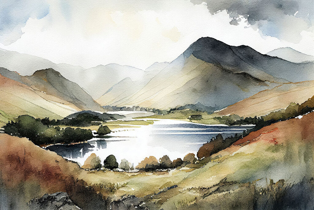 Bergsee in warmem Aquarell — ganzes Design