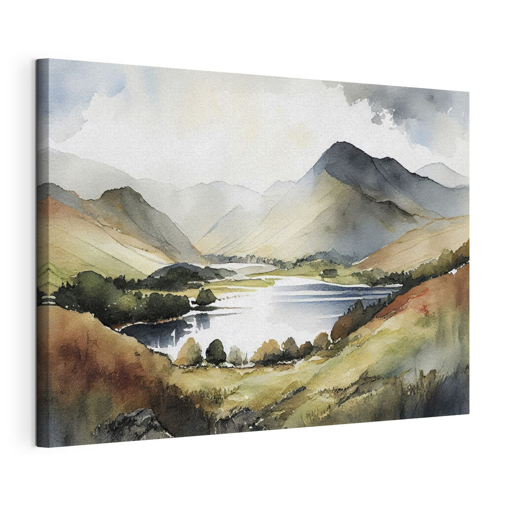Bergsee in warmem Aquarell, gespannte Leinwand mit umlaufender Kante