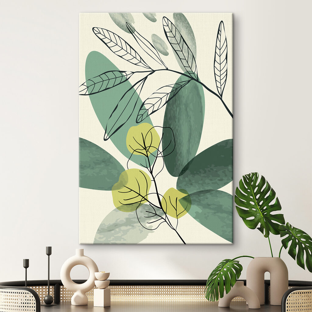 Grünes Blatt in Konturen in einem Interieur