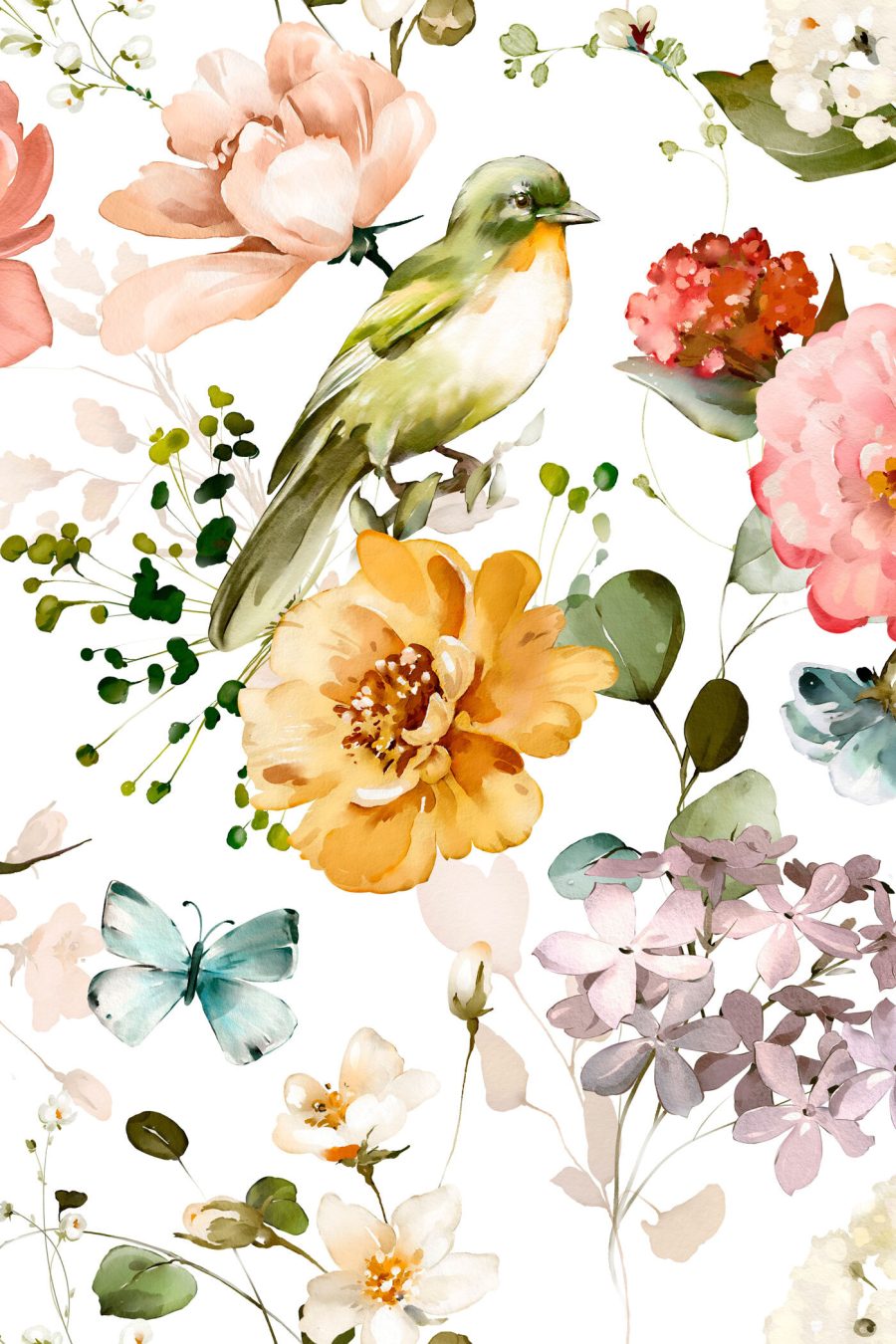 Vögelchen zwischen hellen Blüten — ganzes Design