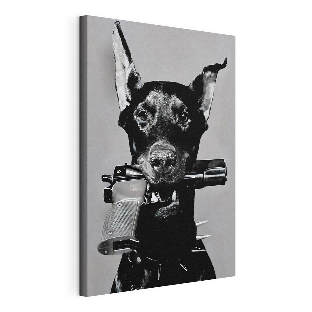 Hund mit Pistole, gespannte Leinwand mit umlaufender Kante