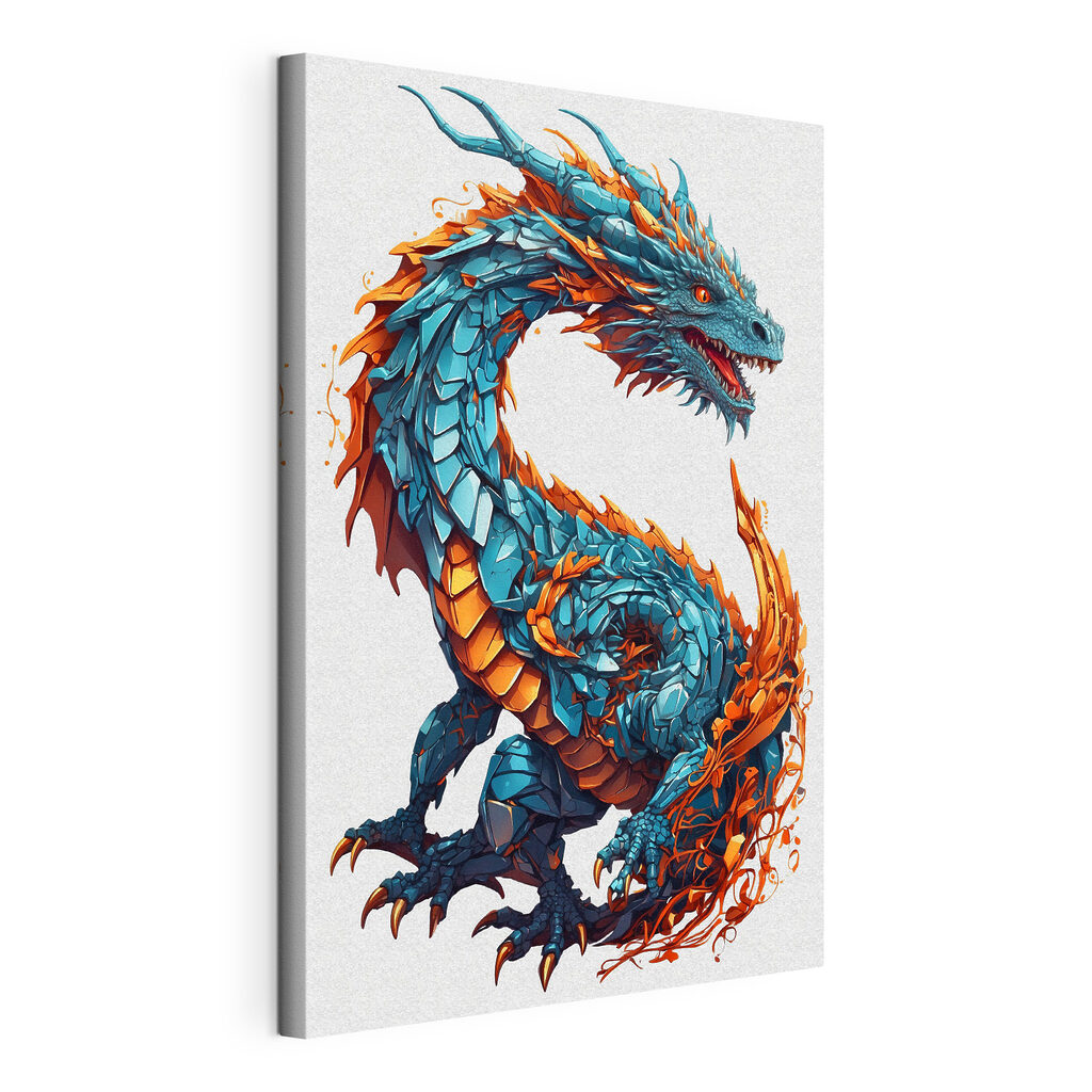 Drache in Blau-Orange, gespannte Leinwand mit umlaufender Kante
