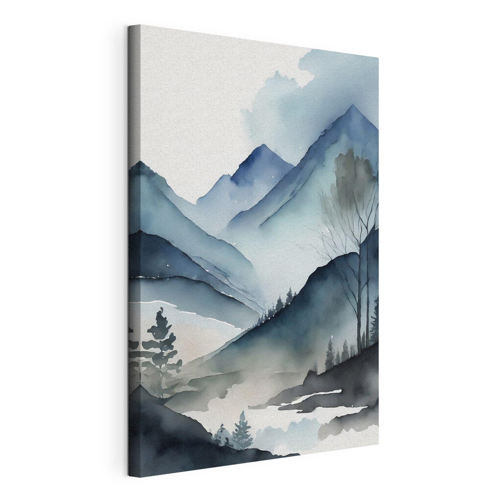 Nebelberge in Aquarell, gespannte Leinwand mit umlaufender Kante