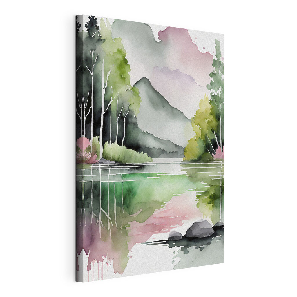 Bergsee in Aquarell, gespannte Leinwand mit umlaufender Kante