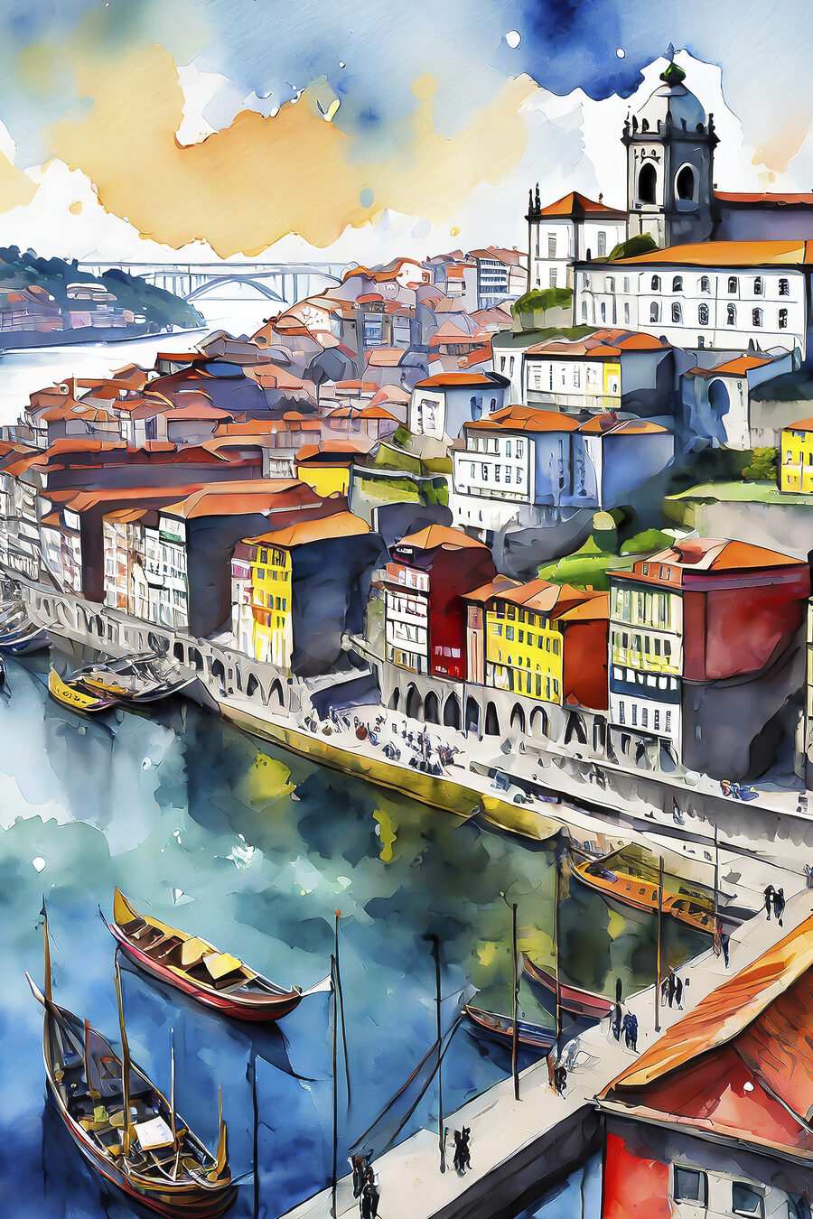 Flussstadt in Aquarell — ganzes Design
