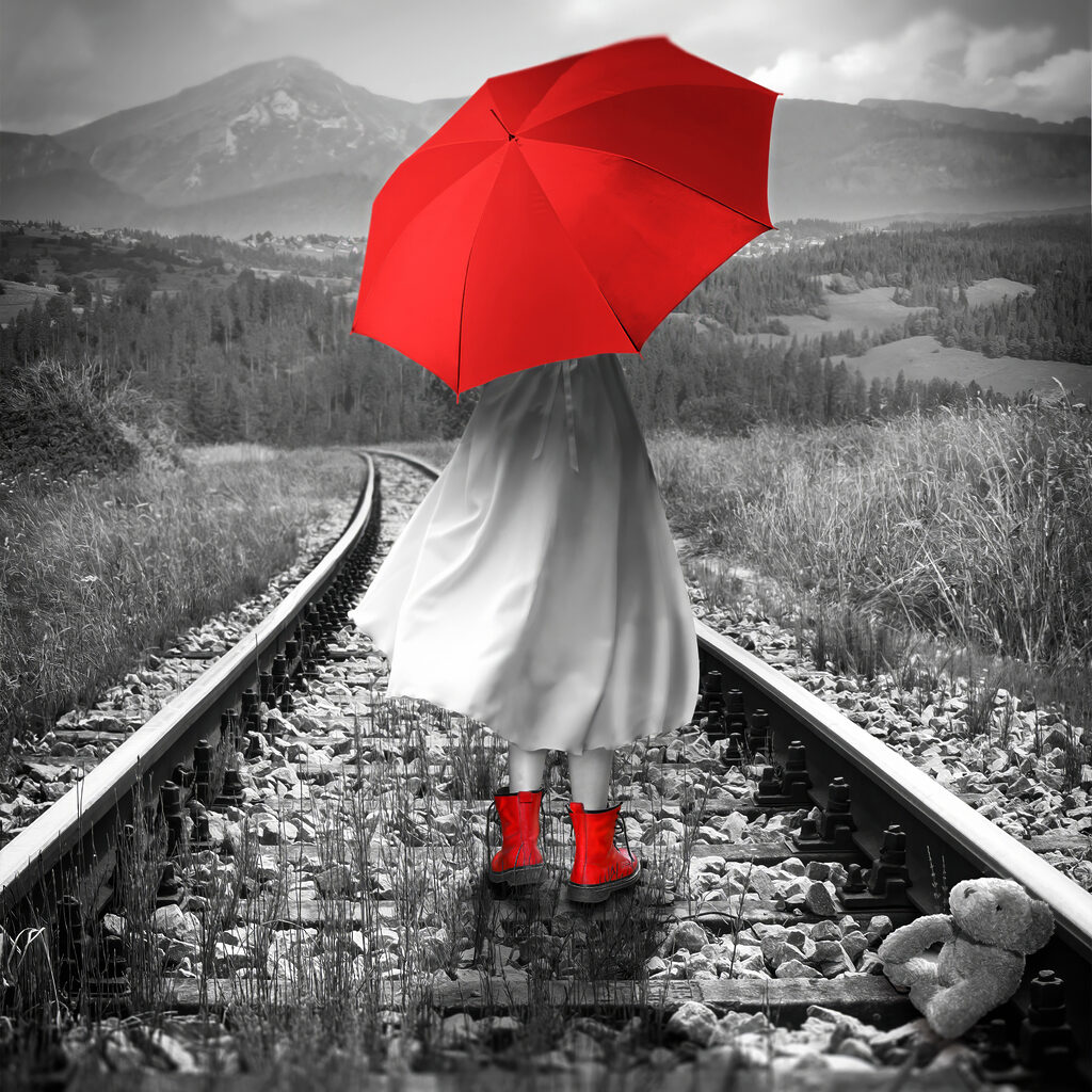 Roter Schirm auf Schienen — ganzes Design