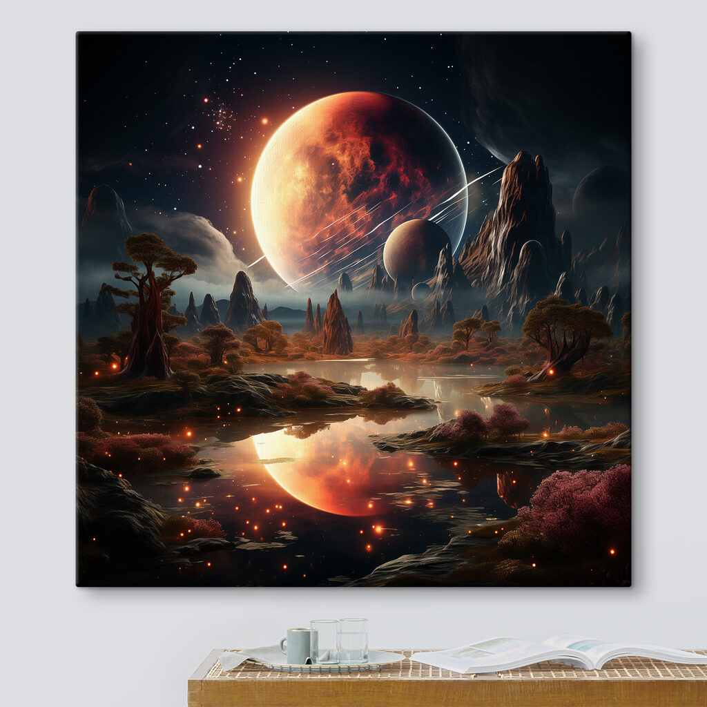 Planet über spiegelndem Wasser in einem Interieur