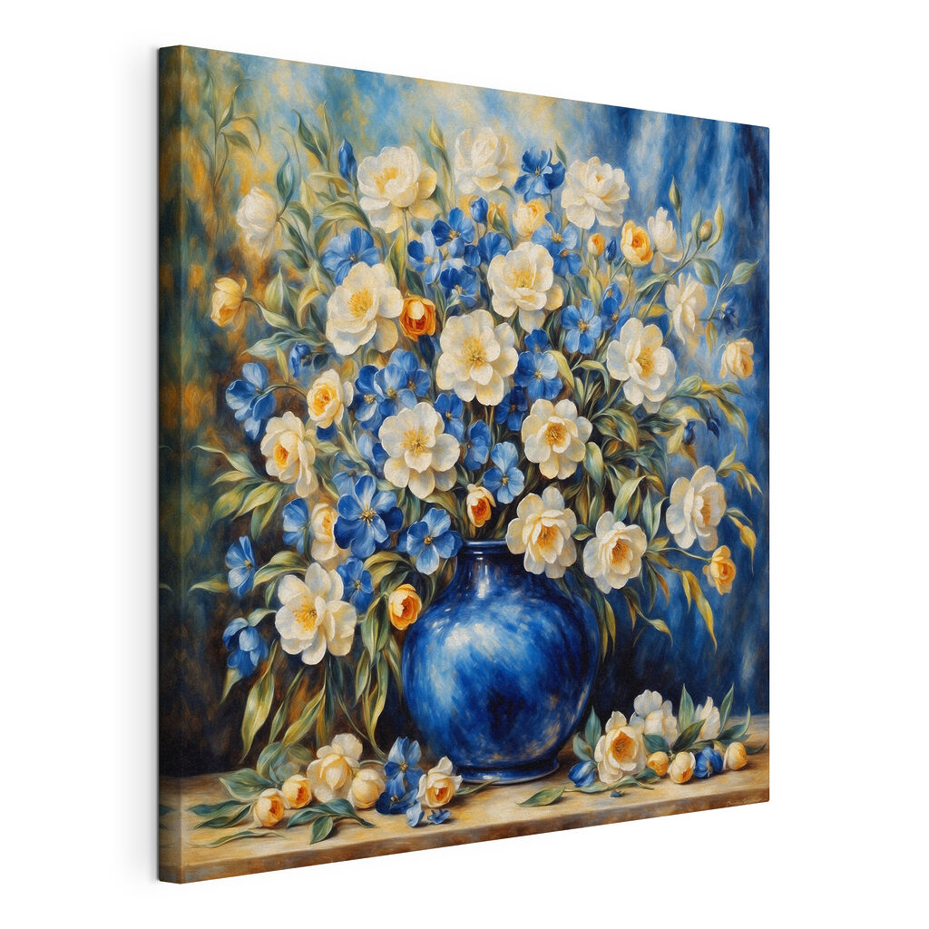 Strauß in blauer Vase, gespannte Leinwand mit umlaufender Kante