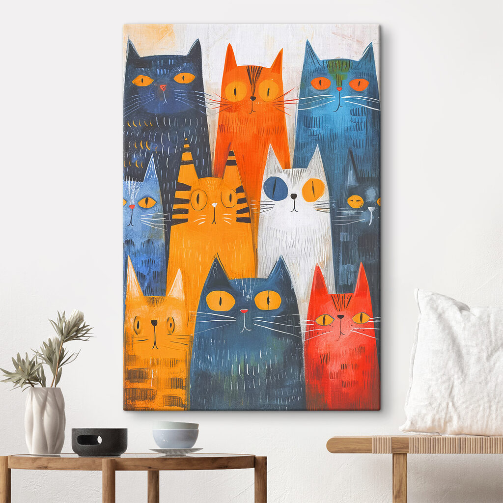 Katzen in bunten Reihen in einem Interieur