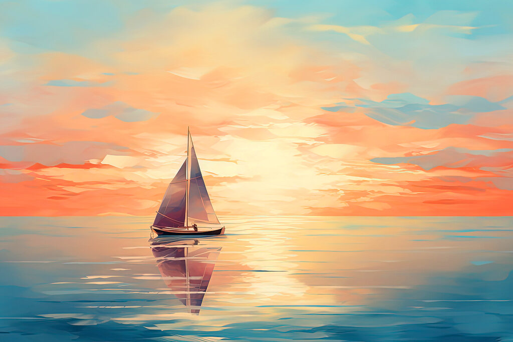 Segelboot in warmen Spiegelungen — ganzes Design