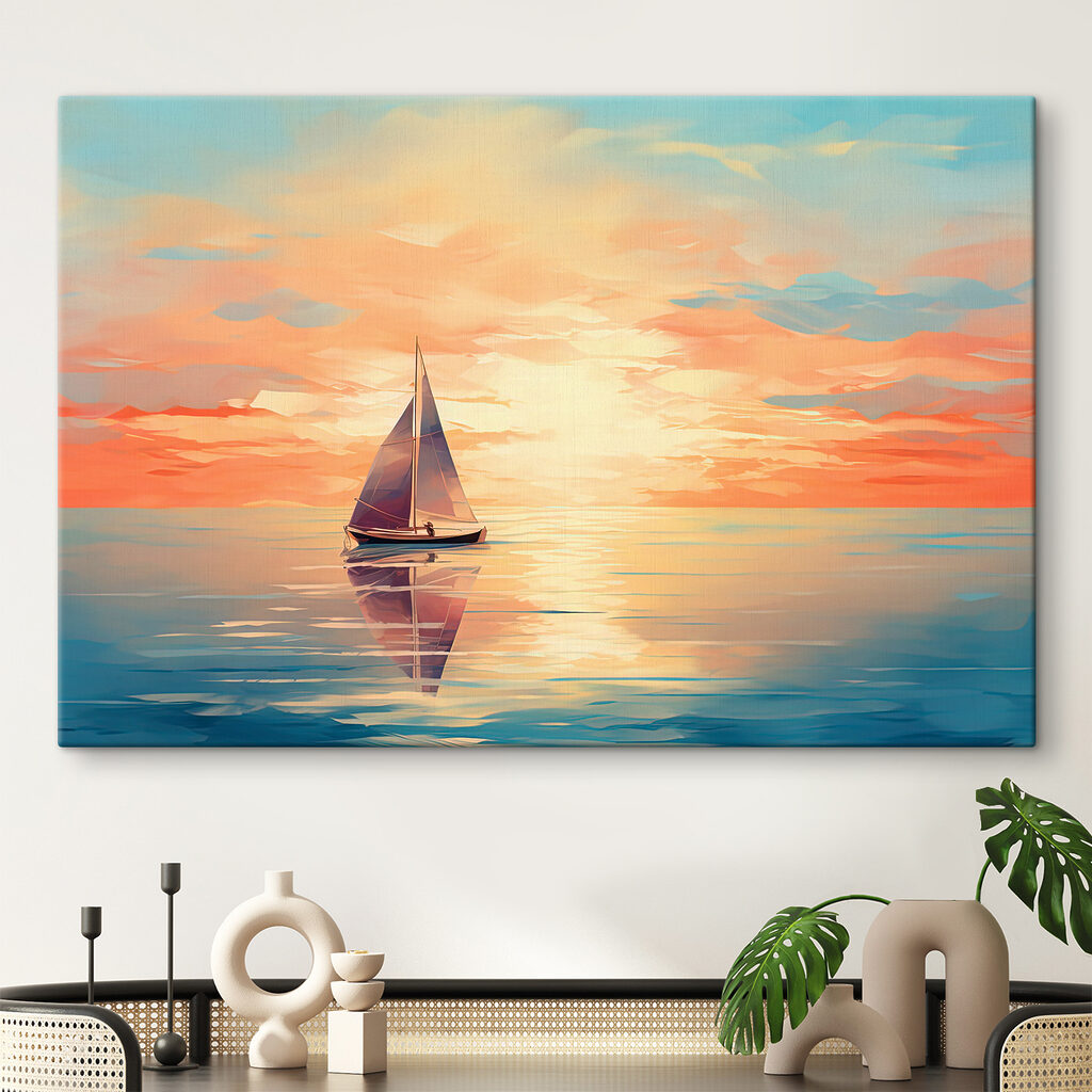 Segelboot in warmen Spiegelungen in einem Interieur